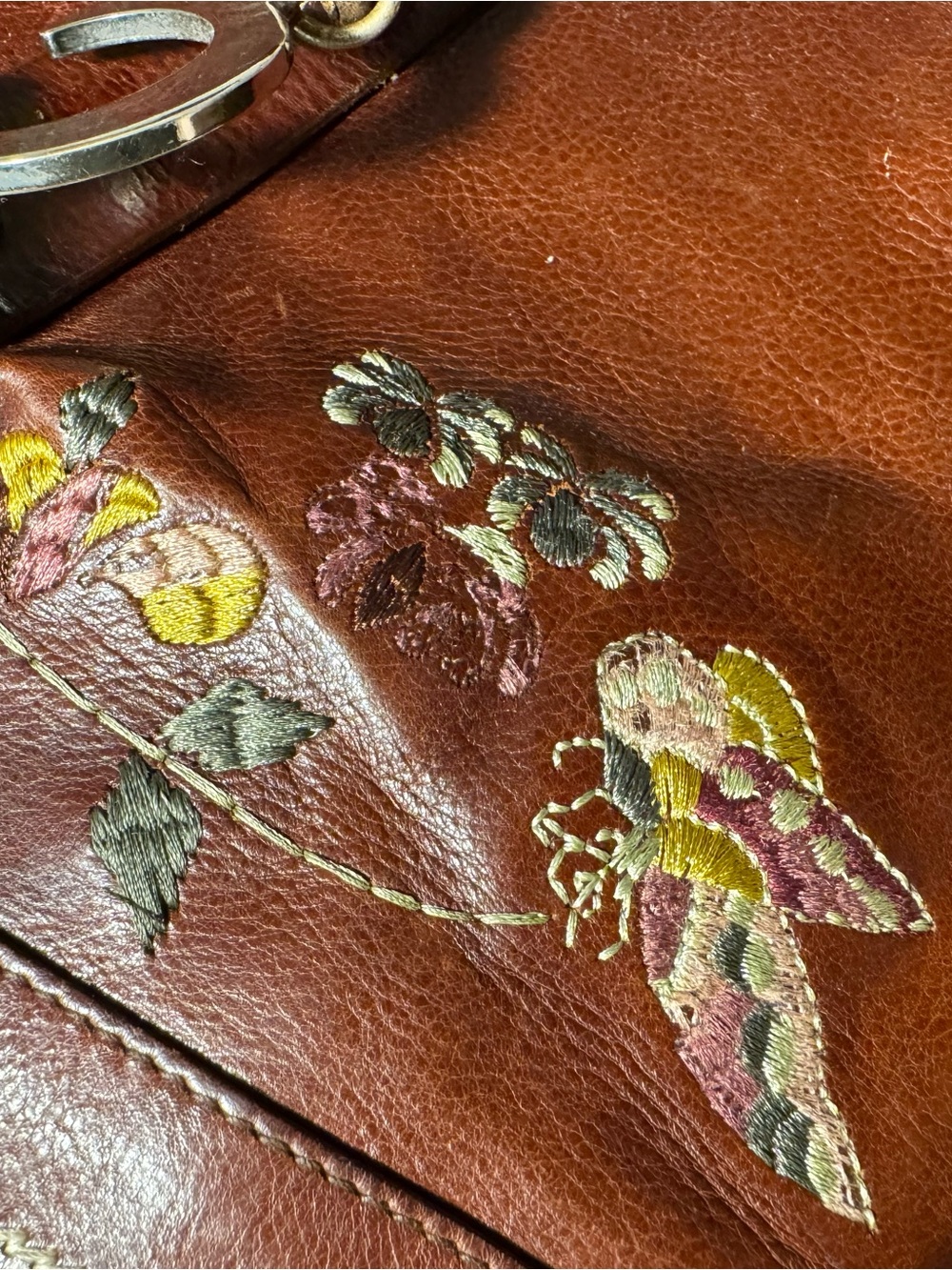 Dior Brown Leather Tote with Floral Embroidery - Picture 11 of 12